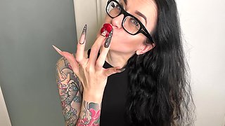 Long Nails and Fishnets Gloves, Sucking Fingers, Red Lips and Long Hair