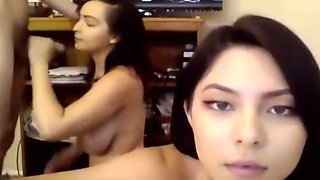 Two horny college girls sucking dick together and cum kiss