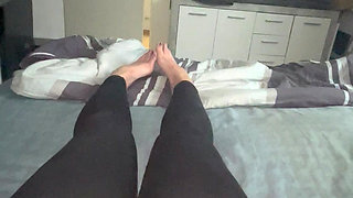 Close-up foot fetish wet tight wet pussy gets satisfied with golden vibrator to intense climax trembling twitching moaning horny