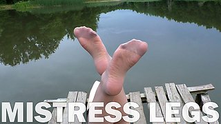 Mistress Feet In Flesh-Colored Pantyhose Teasing On The Forest Lake