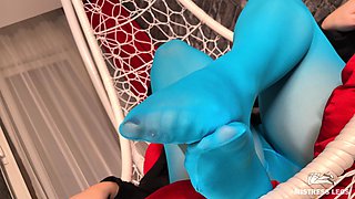 Goddess Foot Tease in Hanging Chair in Cute Blue Pantyhose Part 2