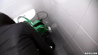 Sex in the toilet with a dick-swallowing brunette Samantha Joons