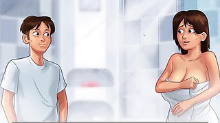 Naughty gamer gets a blowjob from big tits mom in the bathroom