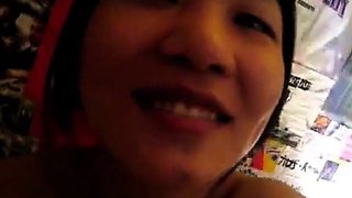 Asian exchange student sucks balls and gets cum in mouth