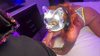 Curvy masked redhead provides full service to big cock lover at home