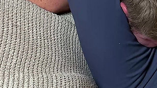 Cruel Headscissors in Blue Leggings on the Couch