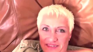 Short hair granny looks almost senile with a dick in POV