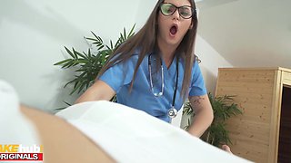 Horny man comes to a cock inspection and gets a blowjob and a nice anal riding from the nurse while his girlfriend is watching