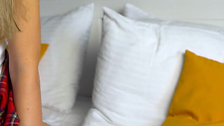 Horny student Rita gets turned on and masturbates with a pillow. Close orgasm of a young brunette