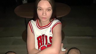 Good babe gives her stepdad a deep blowjob while kneeling. Cum on stepdaughter big natural tits