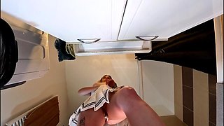 Cute and Hot Sexy Tight Pussy Cheerleader Shows Her Shaved and Wet Pussy Under Her Mini Skirt in the Bathroom