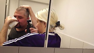 Blonde Sporty MILF Pisses in a Cup Wearing a Sports Jersey, Then Her Man Drinks the Piss