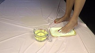 Golden shower session with sole fetish and food play; swallow and lick it all up