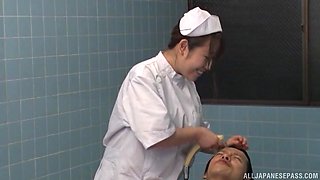 Sweet nurse pleases a kinky guy by jerking his hard pecker