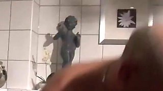 Old and young threesome fucking in the bathroom