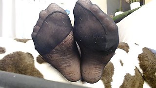 Closeup Black Nylon Pantyhose Feet
