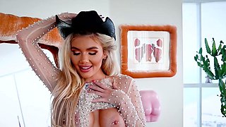 Curvy blonde MILF shows big pierced tits