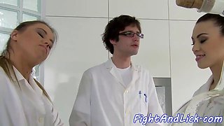 Euro lesbos grapple and lick pussies