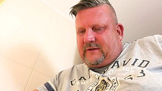 German chubby teen makes horny blowjob in the bathroom
