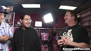 Petite pornstars in filthy sex shop spit roast for audriannaangel in POV