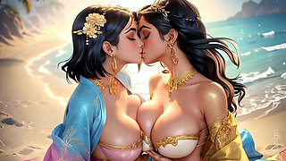 Indian beautiful girls kissing on the beach (Ai models)