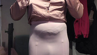 Pink skirt bulge without panties