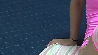 Japanese Girl with Nipples Spilling Out of Sexy Mini Dress and G-string Panties in a Wedgie on Ass Doing Seduce Exercise