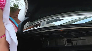 Huge Outdoor Pissing with Spread Legs in Car Trunk at Parking Lot