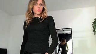 Big tit shemale jerks her long cock