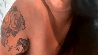 Busty curly brunette with big boobs fucks on couch