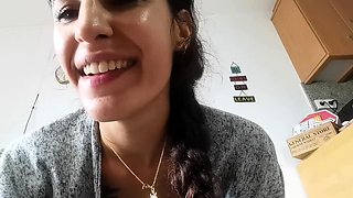 Small tit brunette amateur tugs on a big willie
