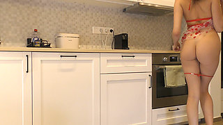 Sexy and Hot Long Legs Beauty in the Kitchen Takes off Her Underwear in a Transparent Lingerie with Seethrough Panties