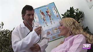 Horny doctor eating pussy of irresistible blonde slut while squeezing her big tits