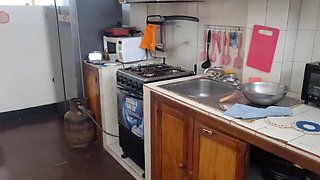 Incredible - Beautiful Stepmother Masturbates in the Kitchen with a Broomstick