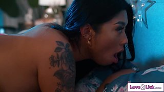 Big tit asian stepdaughter licks busty stepmoms shaved pussy
