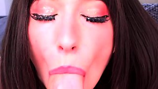 Big tit brunette sucks a big cock blowjob POV