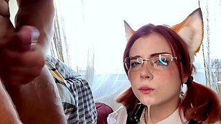 Submissive slut rewarded with hot facial after deep blowjob