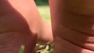 Stepmommy Barefoot Outside Plays in the Grass