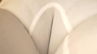 The Line of the MILF's Vagina Is Marked in Her Panties