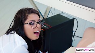 Petite latina satisfying her lesbian boss in the office