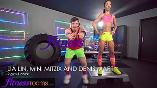 Lia Lin, Mini Mitzix & Denis Marti go wild in gym FFM threesome with personal trainer