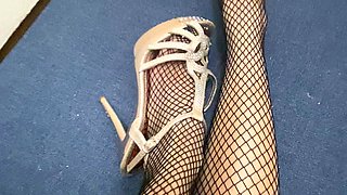 Sexy Asian Legs and Tiny Feet with Long Toes in Fishnet Stocking Wearing High Heels