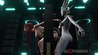 Sexy college girl slave gets fucked hard in her ass by sci-fi dickgirl in the lab