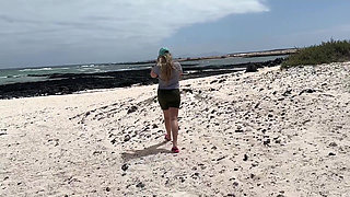 Girl Peeing in Yoga Pants on Beach