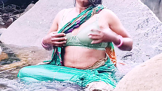 Telugu Sexy Silk Aunty Outdoor Waterfall Bathing, Telugu Dirty Talks.