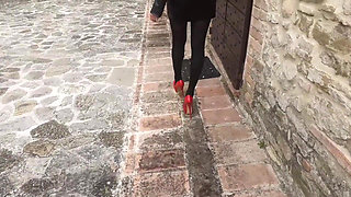 MILF Walks in Pantyhose and High Heels