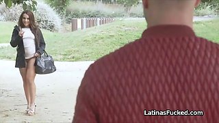 Latina gets nude in park and sucks big cock indoors