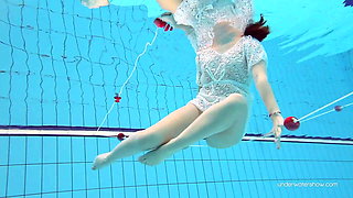 White dressed tight hairy babe Katy Soroka underwater