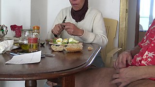 Muslim stepmom has cum after flashing my huge cock during breakfast!!!