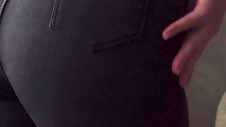 Sexy MILF In Tight Black Jeans Flashing White Thong Whale Tail